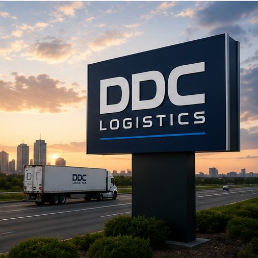 DDC Logistics highway sign at dusk