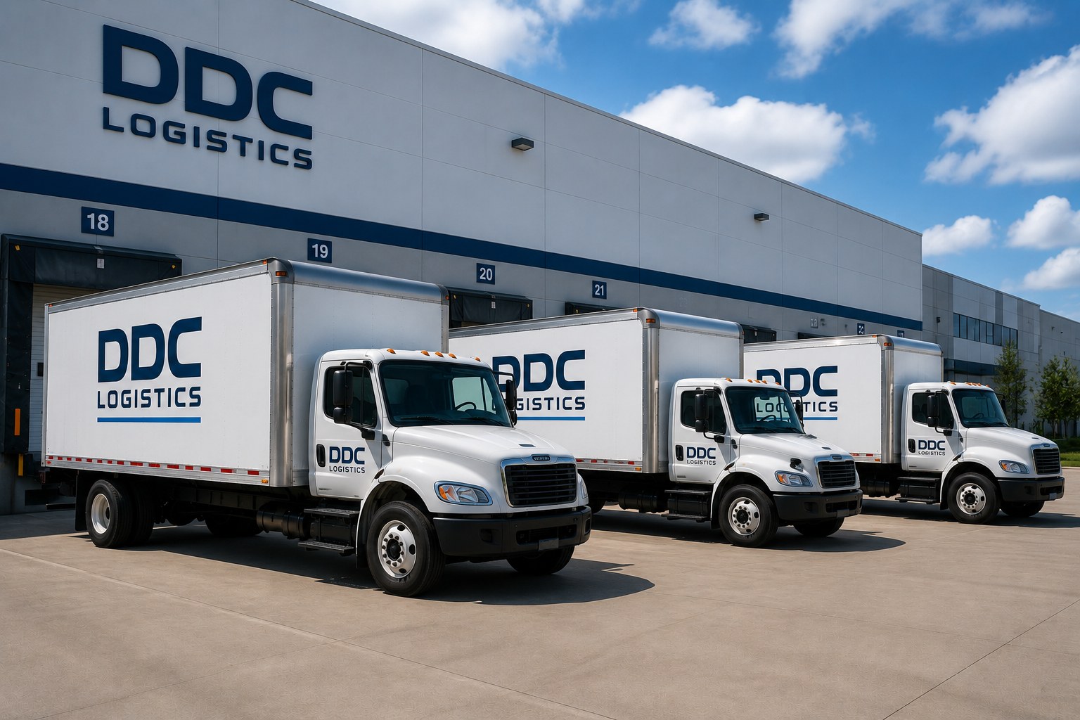 DDC Logistics fleet of trucks lined up at the loading dock