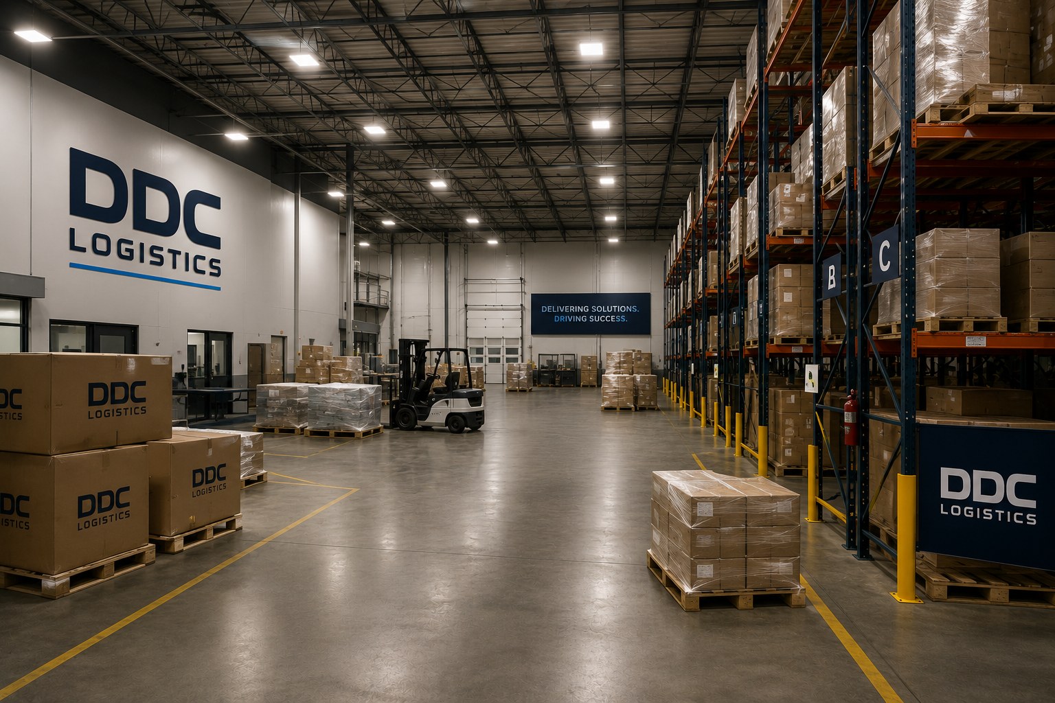DDC Logistics warehouse interior with pallet racking and forklift