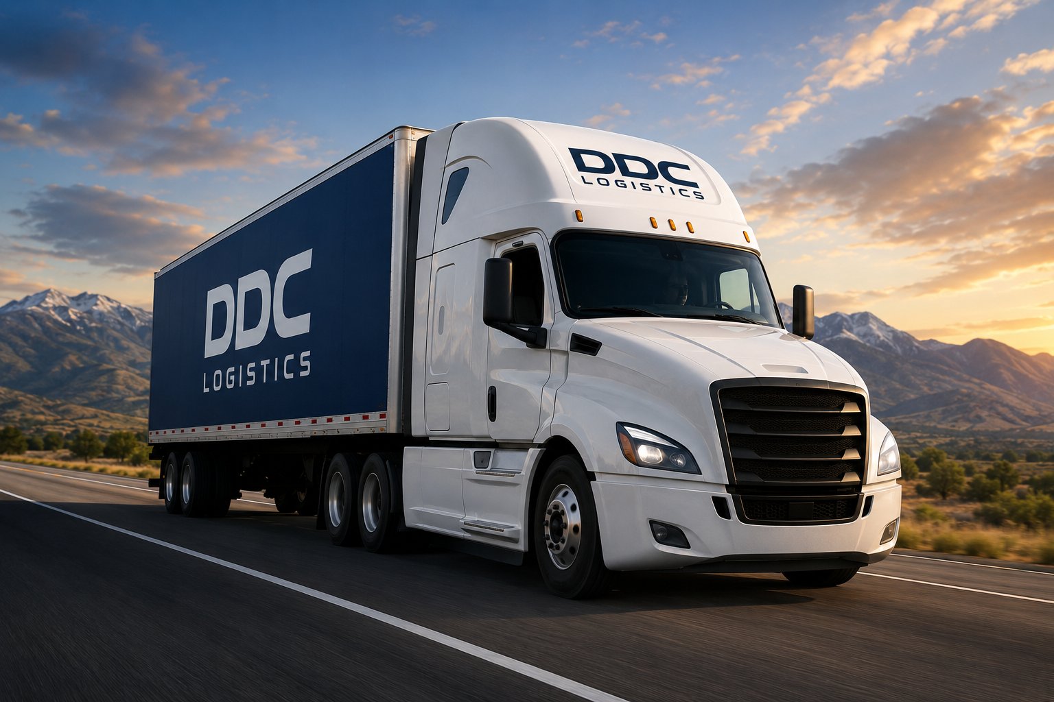 DDC Logistics truck on the highway at sunset