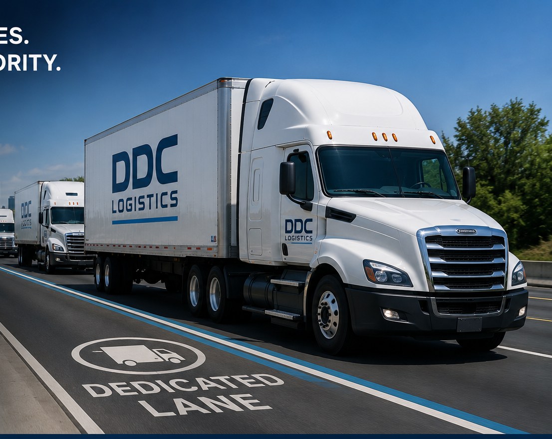 DDC Logistics trucks running a dedicated lane on the highway