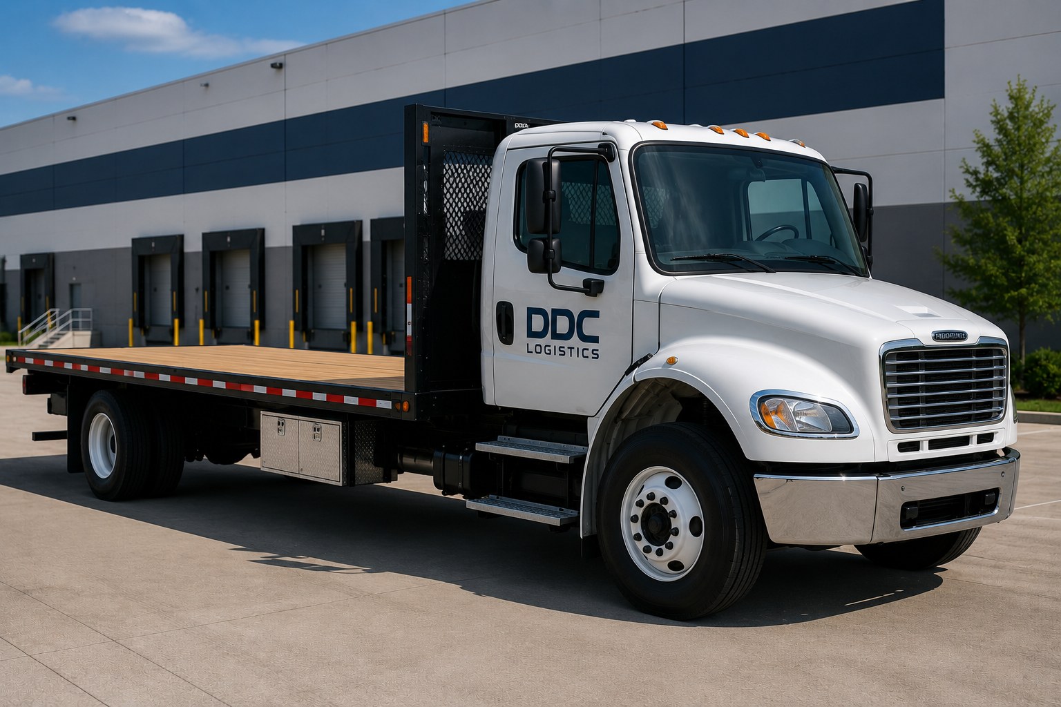 DDC Logistics flatbed truck at loading dock
